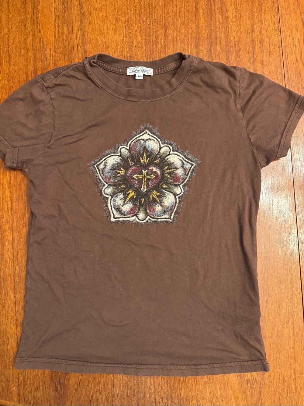 Lucky Brand Brown Short-Sleeve Graphic Tee with Floral Cross Med